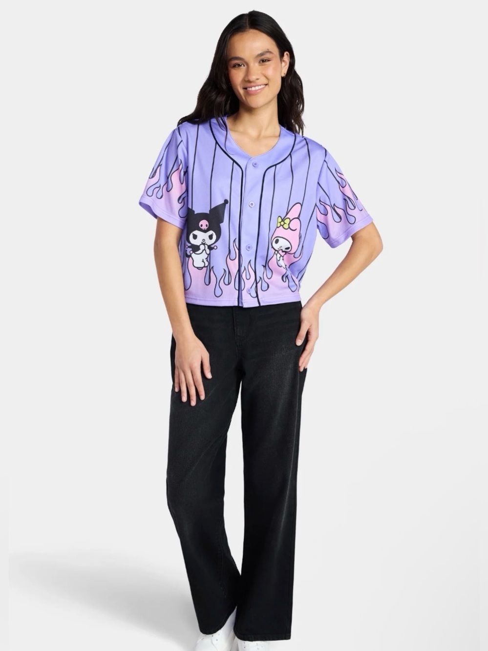 (433)My Melody and Kuromi Women’s Graphic Cropped Baseball Jersey